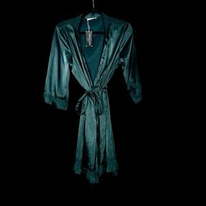 EKOUAER Women's Deep Forest Green Satin & Lace Trim Robe - NWT - Size Small